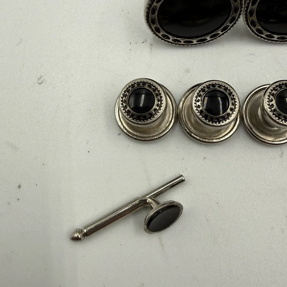 Vintage Broadway Tux Makers Black Cufflinks Shirt Stud Set Silver Tone 8 Piece